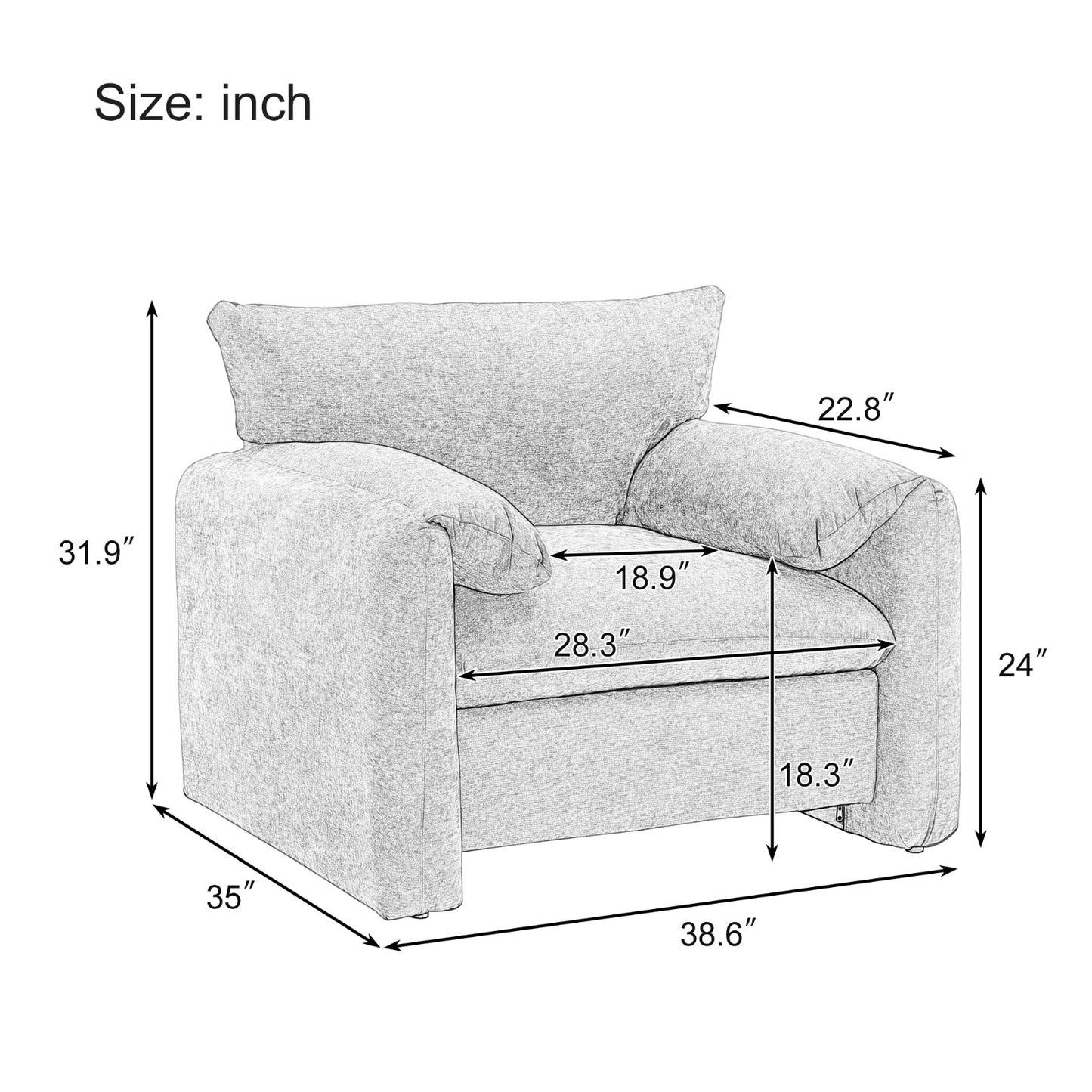 Modern Style Chenille Oversized Armchair Lounge Sofa 38.6'' W For Living Room