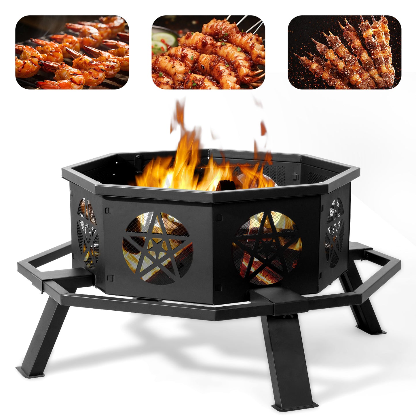 Large 35” Octagonal Fire Pit – Black Wrought Iron, Pentagram Cutouts, Foot Pedal Safety Ring