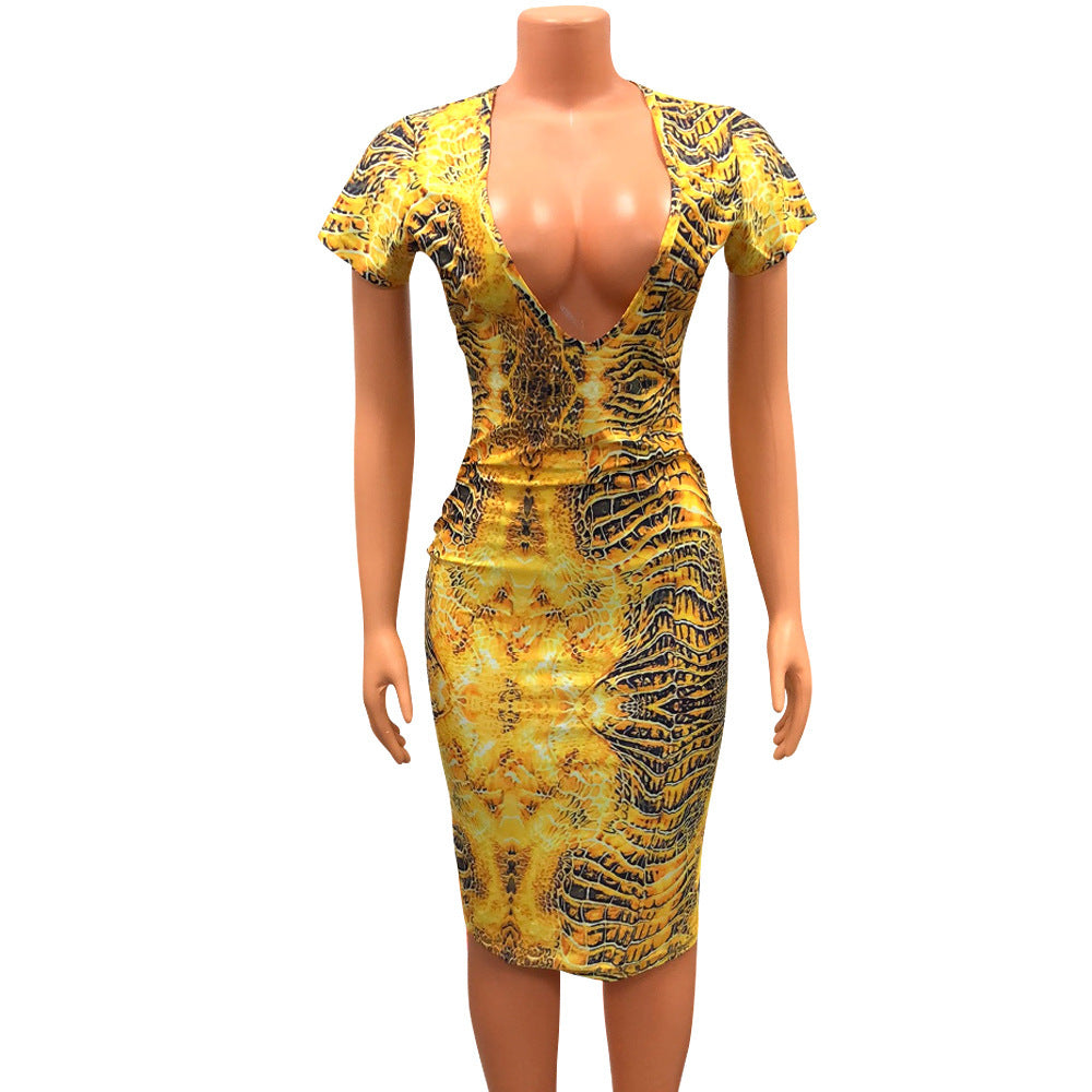 Sexy Deep V Short Sleeve Printed Hip Dress