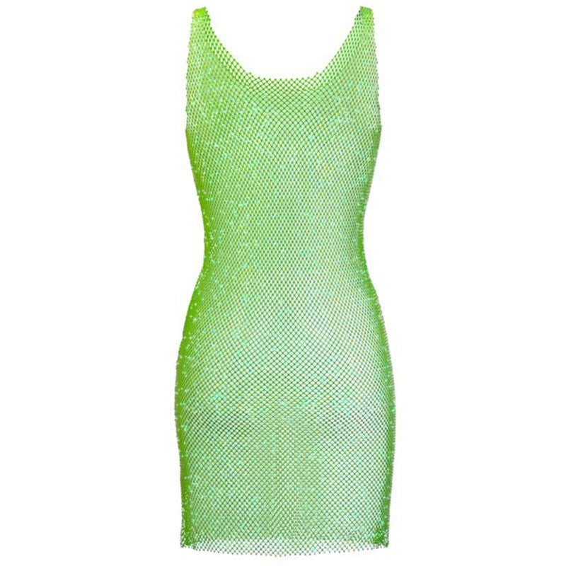 Women's Light Diamond Fishnet Sequined Sexy Hollow-out Camisole Dress