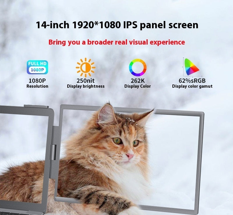 14-Inch Portable Dual-Screen Monitor with 1080P Full HD IPS Display, USB & HDMI Connectivity, LED Backlight, Ultra-Slim Wall-Mountable Design for Office, Travel, and Gaming