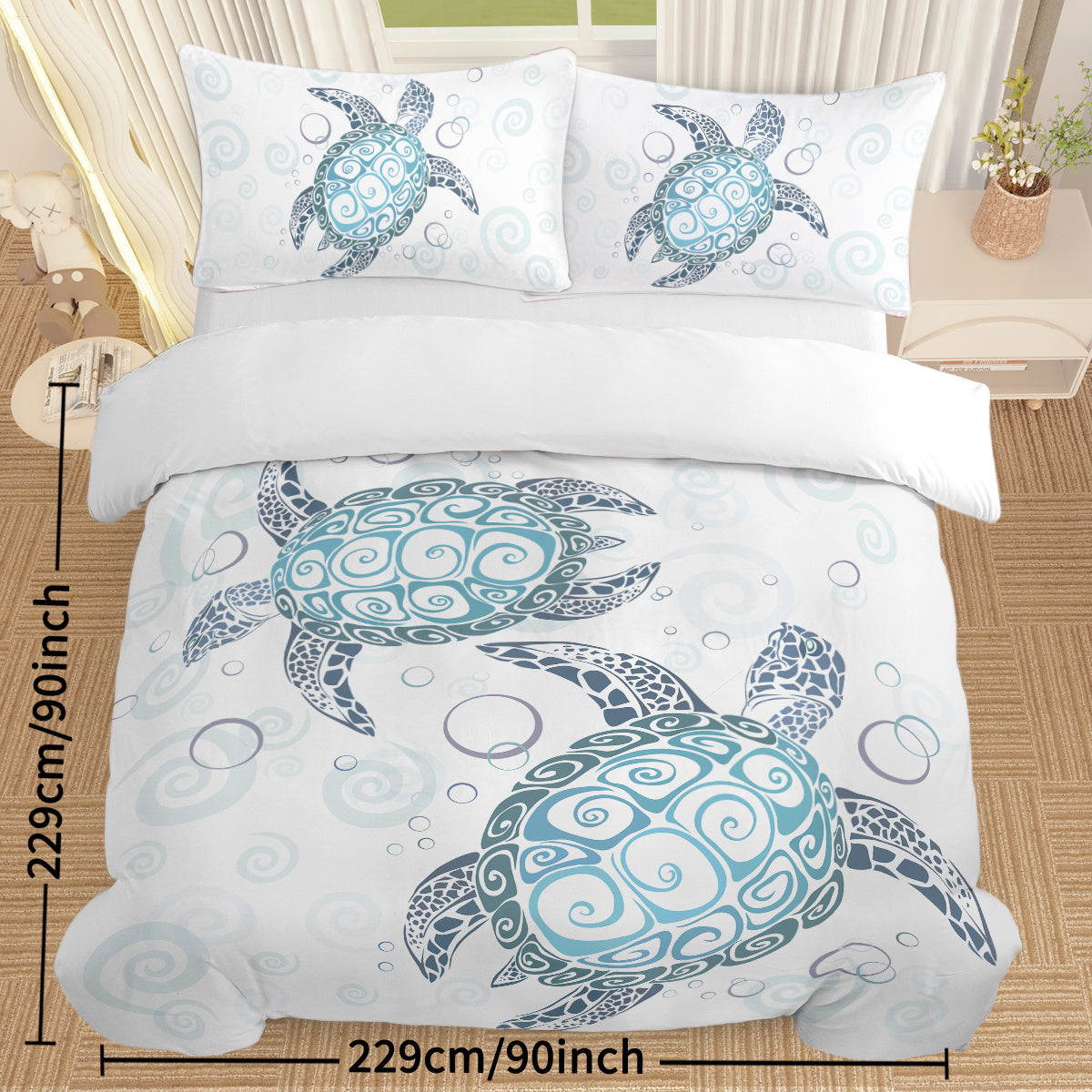 Three Piece Self-produced Bedding Set ,duvet Cover, Pillowcase Back White, Ten Grid Turtle, American Small Size