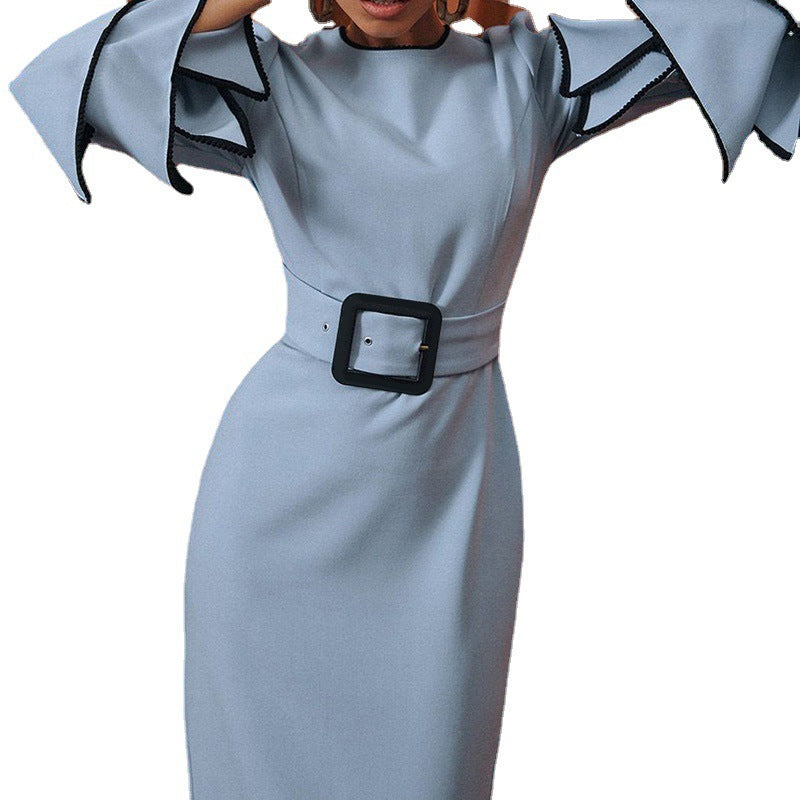Waist-tight Round-neck Flared Sleeves Split Sheath Dress