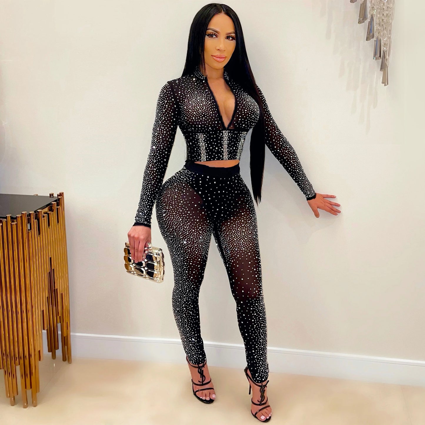 Women's Tight Mesh See-Through Long Sleeve Hot Drill Two Piece Pants Set