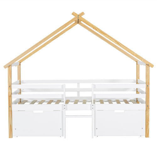 Wooden Bed, Children S Bed, 3ft Single Bed 90x190cm, MDF Pinewood Plywood, Safety Guardrail, Two Storage Drawers With Wheels,Roof Shape, White Natural