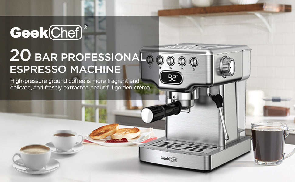 Geek Chef Espresso Machine, 20 Bar Espresso Machine With Milk Frother For Latte, Cappuccino, Macchiato, For Home Espresso Maker, 1.8L Water Tank, Stainless Steel, Ban On Amazon ShopWithASmile.com