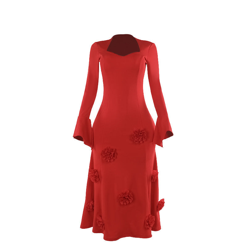 Fashion Slim Fit Peach Collar Flower Dress Women ShopWithASmile7.com