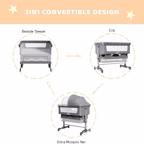 3-in-1 Bedside Crib With Mosquito Net, Large Storage Bag, Comfortable Mattress With Lockable Wheels, Grey ShopWithASmile7.com