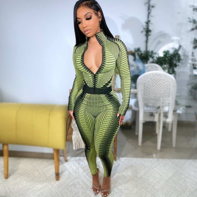 Fashion Long Sleeve Striped Printed High Waist Suit Women
