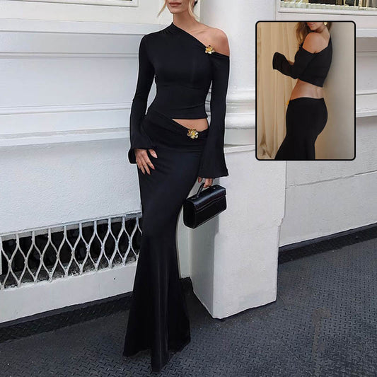 Sexy Slim Oblique Shoulder Skirt Suit With Flower Fashion Bell Sleeve Long Sleeve Top And High Waist Long Skirt Women Clothing ShopWithASmile7.com