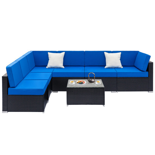 Black Sheet Rattan Dark Blue Mat Sponge Sandwich Braided Rattan Seven-piece Set