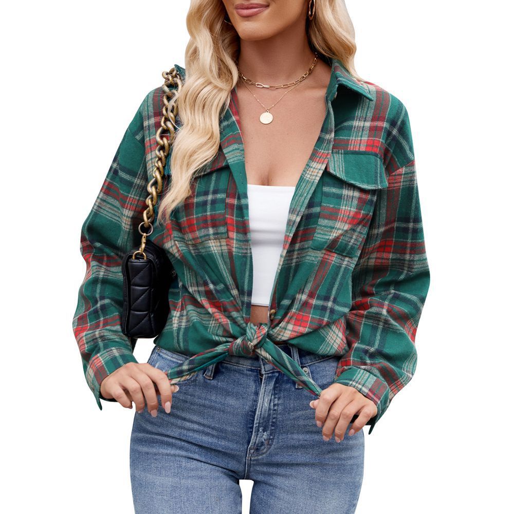 Trendy Loose-Fit Plaid Pocket Shirt for Women ShopWithASmile.com