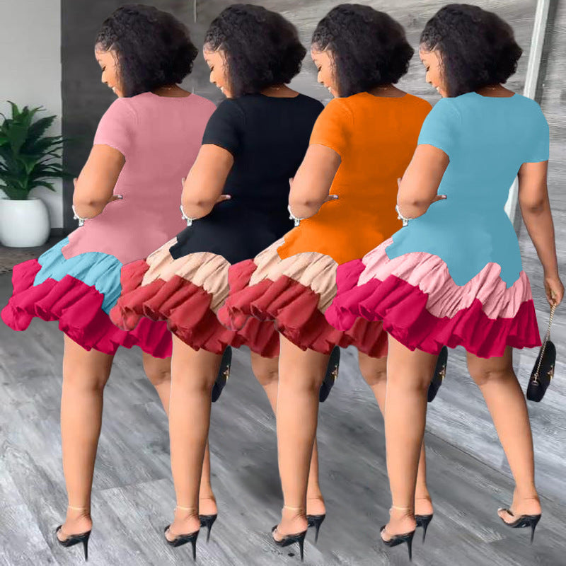 European And American Women's Clothing Summer Color Block Short Sleeve Pleated Dress