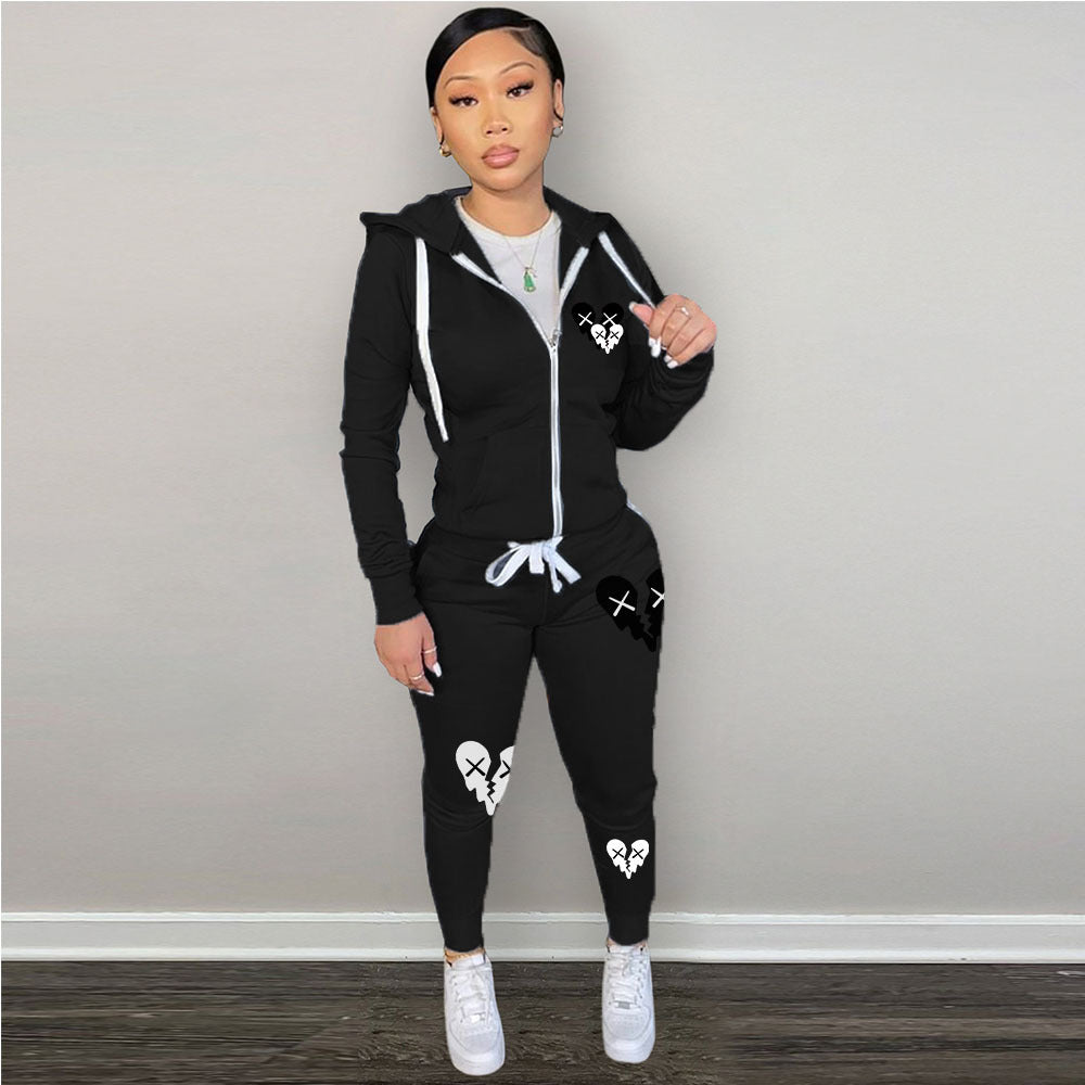 Zipper Printed Casual Hooded Sweater Set