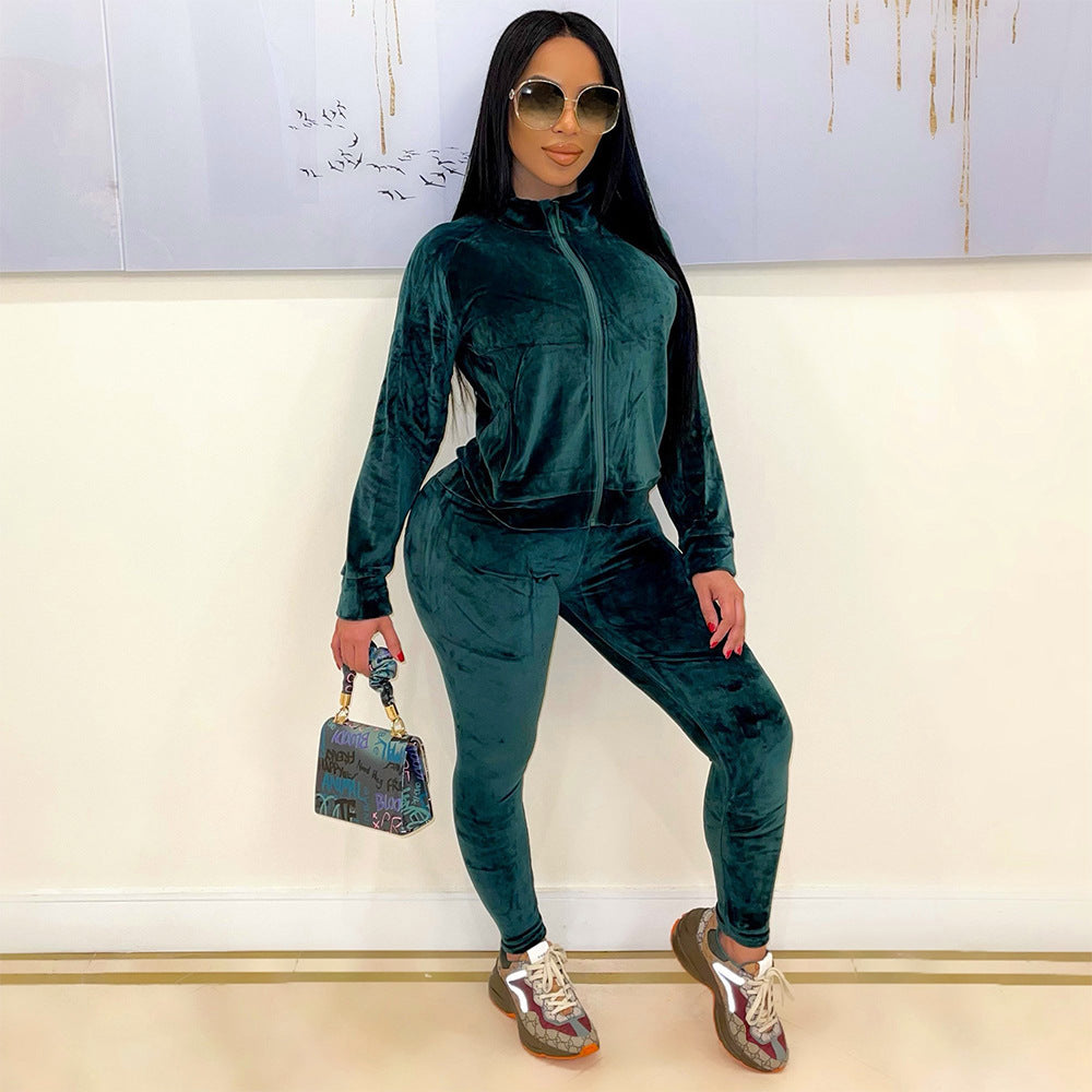 Fashion Sports And Leisure Solid Color Gold Velvet Long-Sleeved Women Pants Suit