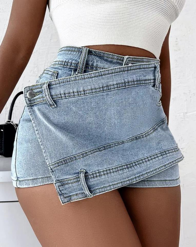 Y2K Street Vintage Denim Shorts Stretch Overlap Waist Wrap Solid Asymmetrical Hem A-Line Skinny Mini Skorts Skirt ShopWithASmile7.com