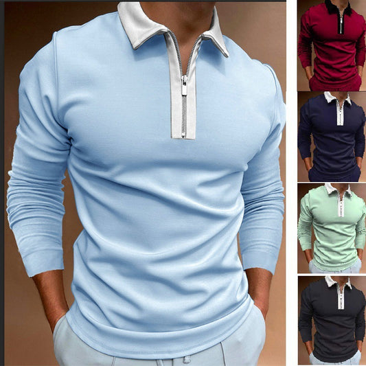 European And American Men's Zipper Stitching Lapel T-shirt