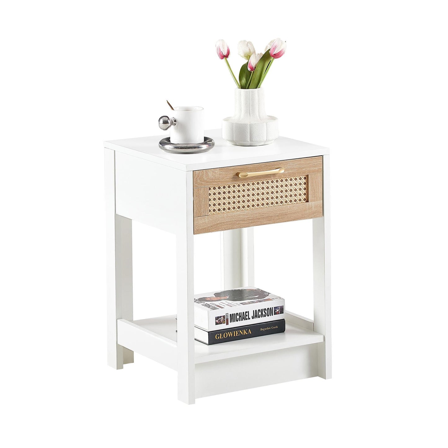 15.75-Inch Rattan Side Table with Drawers – Modern Bedside Table for Living Room or Bedroom, White