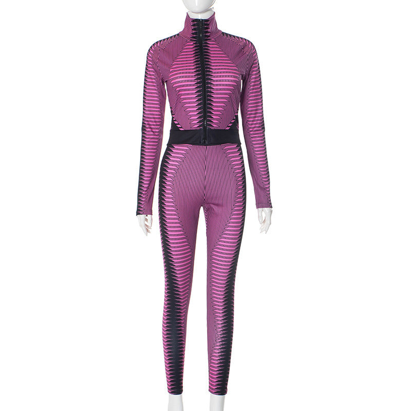 Fashion Long Sleeve Striped Printed High Waist Suit Women