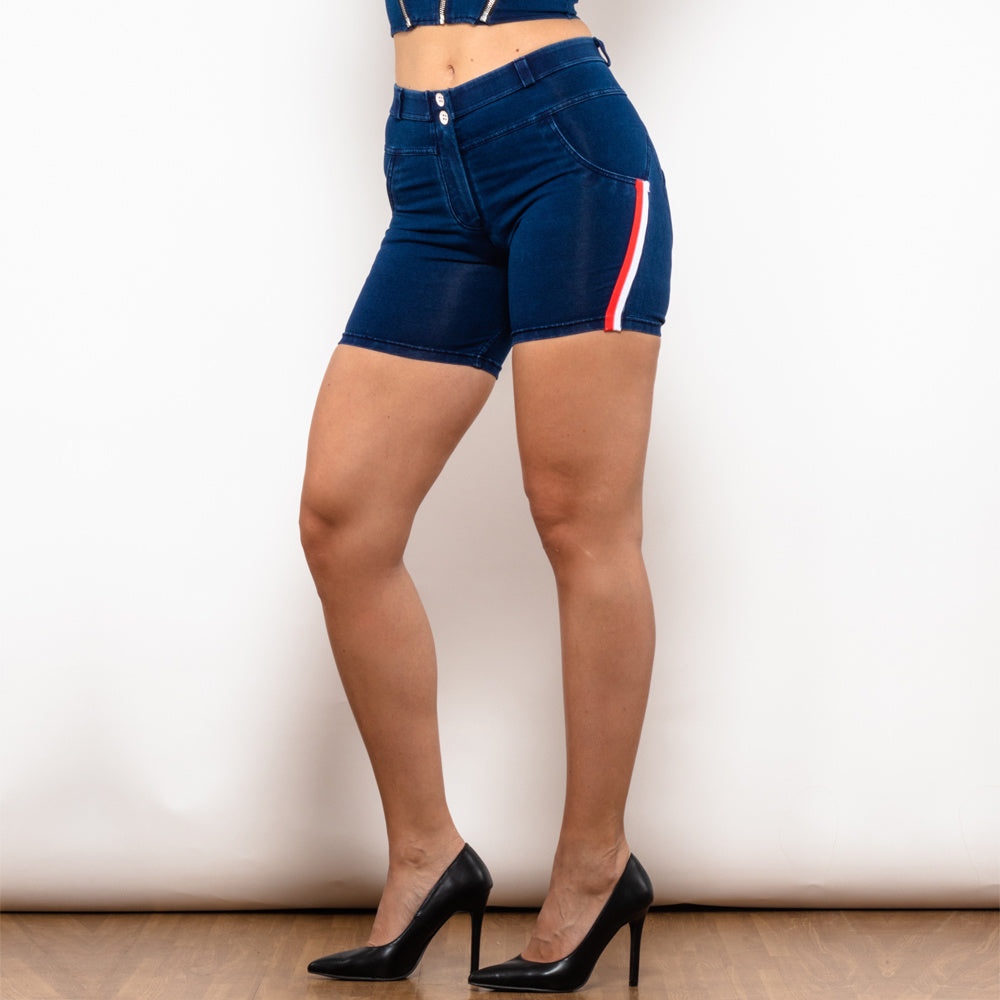 Shascullfites Melody Middle Waist Dark Blue Lift Jeggings Shorts With Stripe