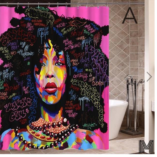 Art Design Graffiti Art Hip Hop African Girl with Black Hair Big Earring with Modern Building Shower Curtain for Bathroom Decor ShopWithASmile7.com