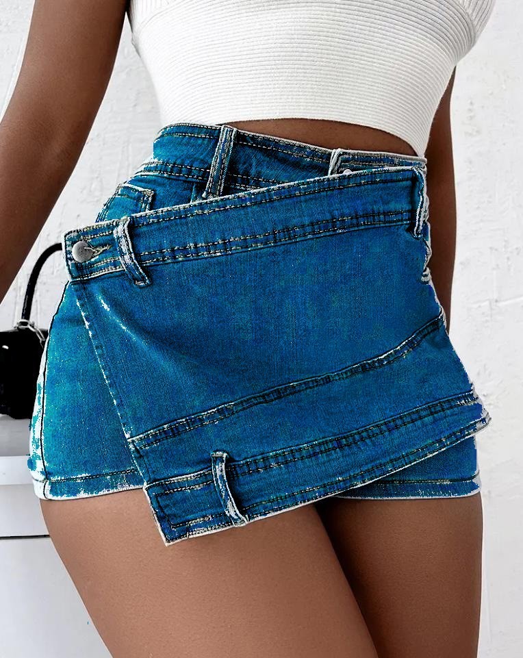 Y2K Street Vintage Denim Shorts Stretch Overlap Waist Wrap Solid Asymmetrical Hem A-Line Skinny Mini Skorts Skirt ShopWithASmile7.com