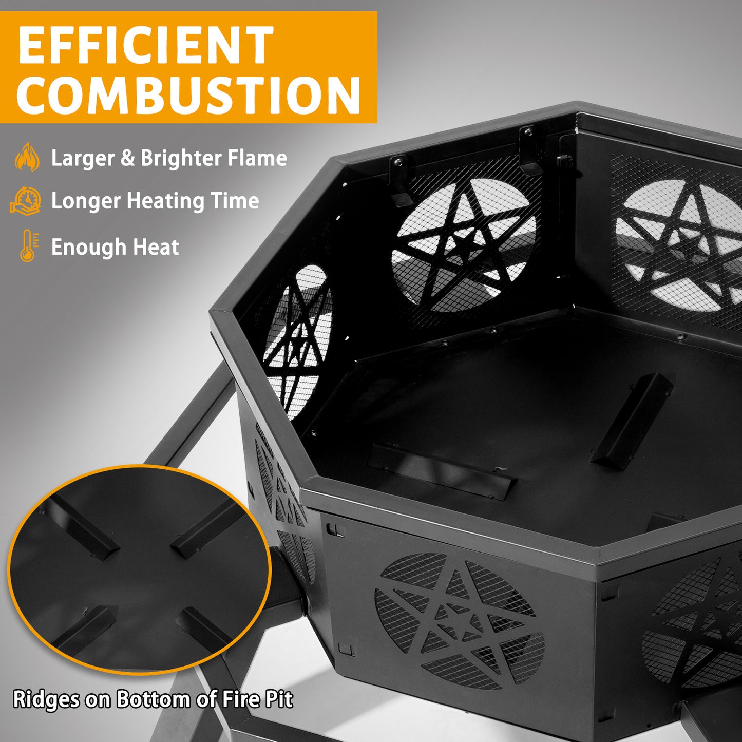 Large 35” Octagonal Fire Pit – Black Wrought Iron, Pentagram Cutouts, Foot Pedal Safety Ring