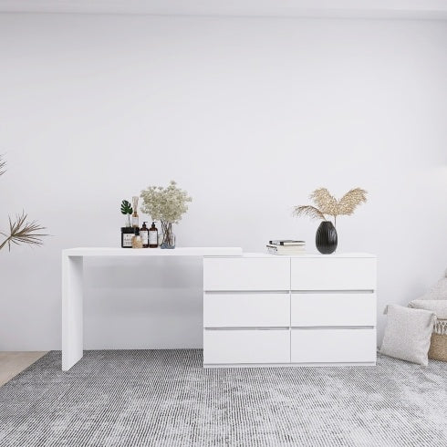 Extended Desktop 6 Drawers Chest Of Drawer Without Handle White Color Vanity