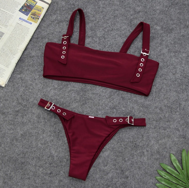 Bikini split solid color buckle swimsuit
