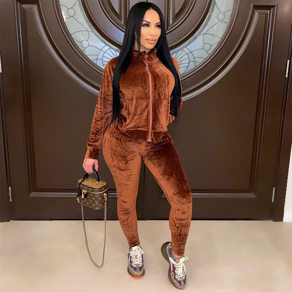 Fashion Sports And Leisure Solid Color Gold Velvet Long-Sleeved Women Pants Suit