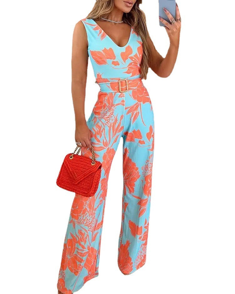 Women's Printed V-Neck Sleeveless Slim Bodysuit