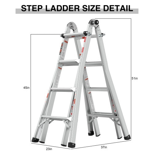 17ft Multi-Position Foldable Aluminum Ladder, A-Frame And Straight Ladder, ANSI 250lbs