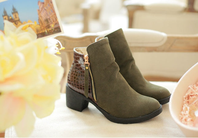 Rough leather low boots high heel women's boots side zip large size women's shoes