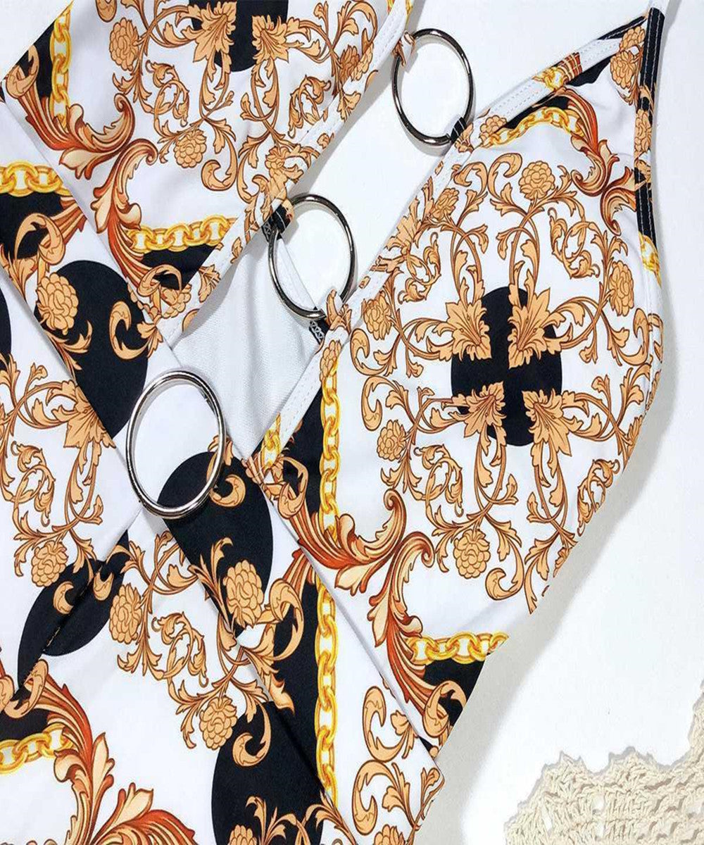 Swimsuit with printed cutout straps