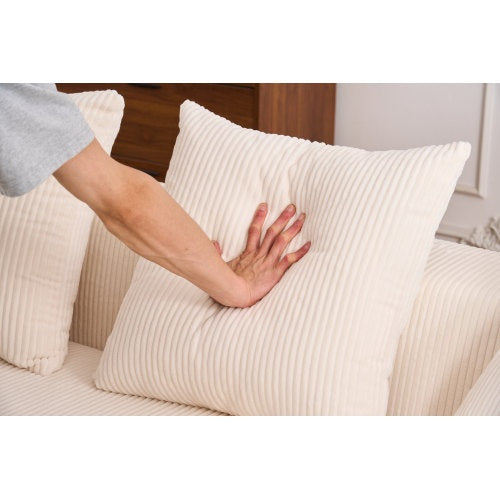 LY-023 WHITE COMPRESSION SOFA Combining Chaise Longue With 3-seater, Corduroy Fabric, Full Sponge Compression Sofa,combined Sofa With 4 Pillows For Living