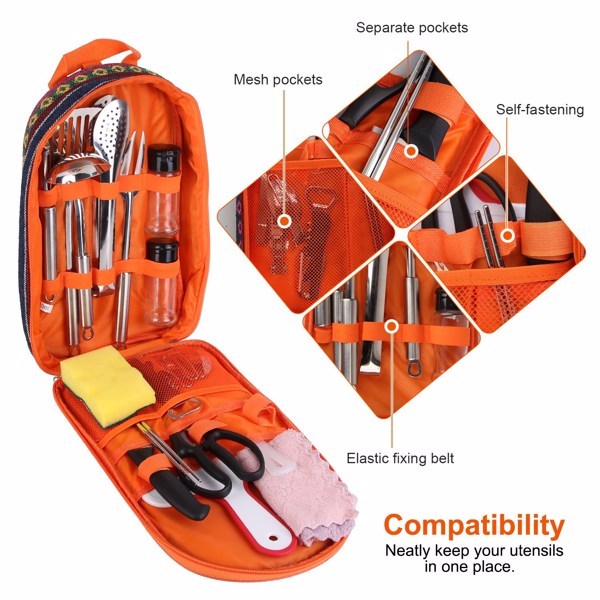 19-Piece Camping Cookware Set with Portable Organizer – Outdoor Cooking Utensils for RV Camping, BBQ, and Picnics