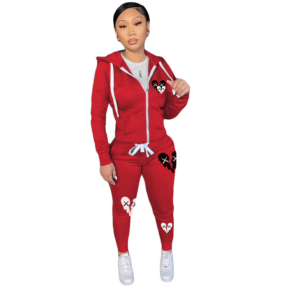 Zipper Printed Casual Hooded Sweater Set