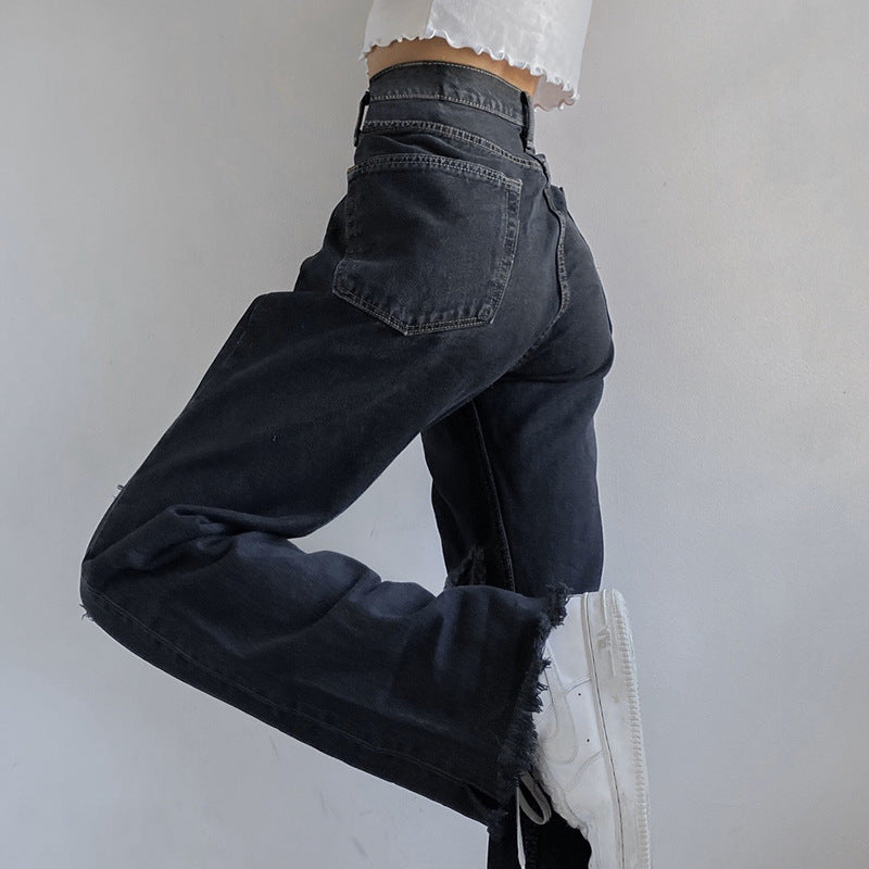 Tear - rimmed High-waisted Straight Leg Jeans To Look Slim