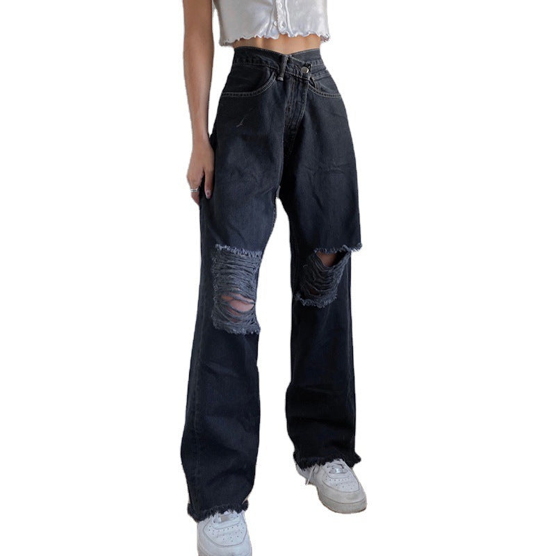 Tear - rimmed High-waisted Straight Leg Jeans To Look Slim