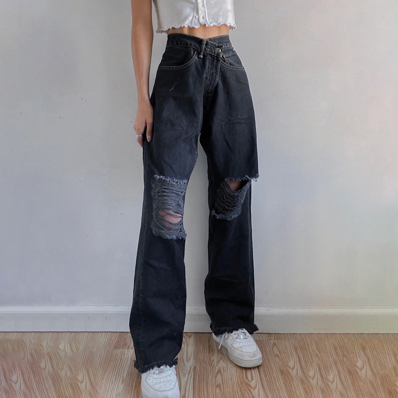 Tear - rimmed High-waisted Straight Leg Jeans To Look Slim