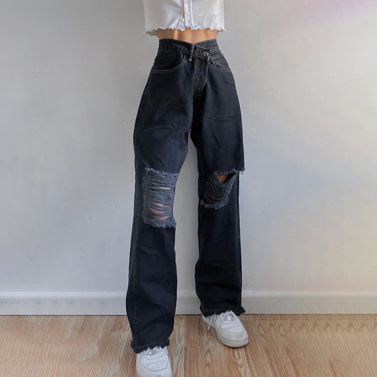 Tear - rimmed High-waisted Straight Leg Jeans To Look Slim