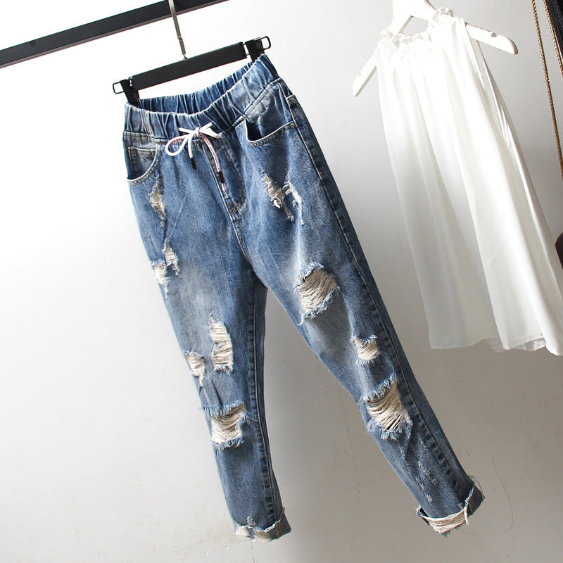 Middle School Students Plus Size Women's Ripped Jeans Summer New Fat MM200 Catties Loose And Thin Nine-Point Pants