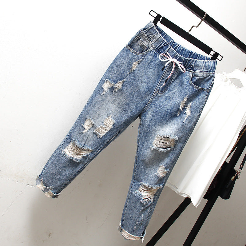 Middle School Students Plus Size Women's Ripped Jeans Summer New Fat MM200 Catties Loose And Thin Nine-Point Pants