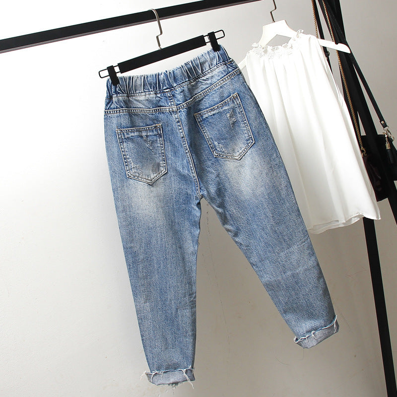 Middle School Students Plus Size Women's Ripped Jeans Summer New Fat MM200 Catties Loose And Thin Nine-Point Pants