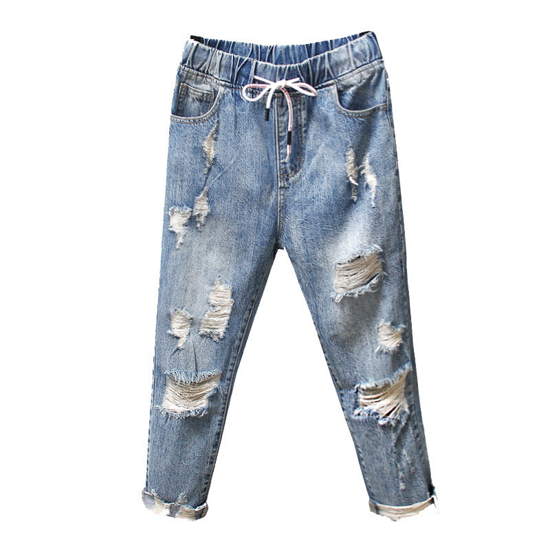 Middle School Students Plus Size Women's Ripped Jeans Summer New Fat MM200 Catties Loose And Thin Nine-Point Pants