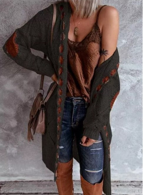 Sweater Cardigan Women'S European And American Long-Sleeved Mid-Length Sweater Coat