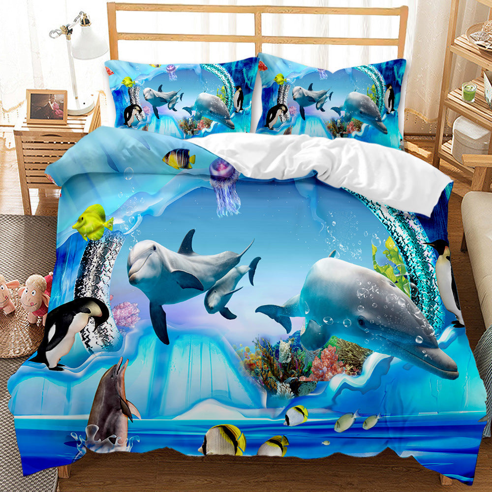 Underwater World Whale Shark Cross-Border Foreign Trade Quilt Cover Three-Piece Set Four-Piece 3D Digital Printing Brushed BeddingSet