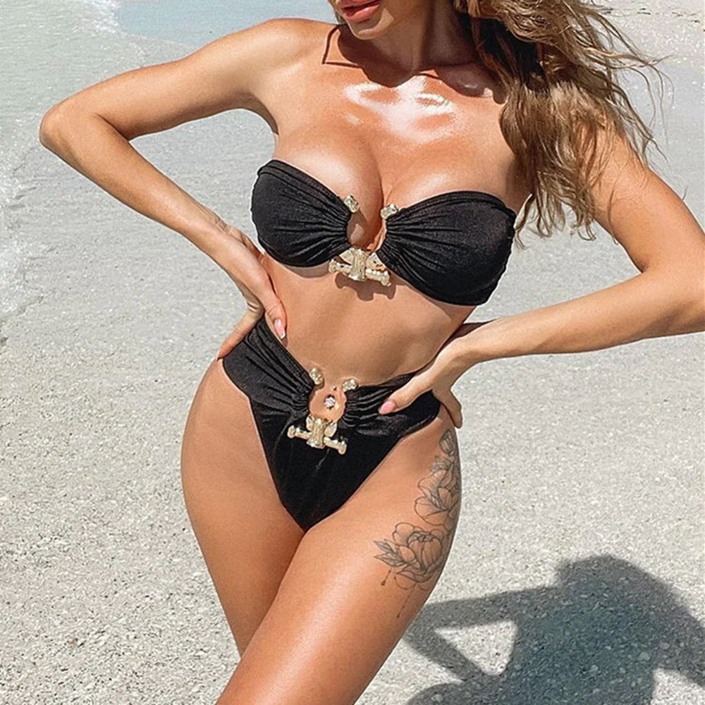 Solid Color Tube Top High Waist Swimsuit Metal Accessories Women'S Swimwear ShopWithASmile7.com