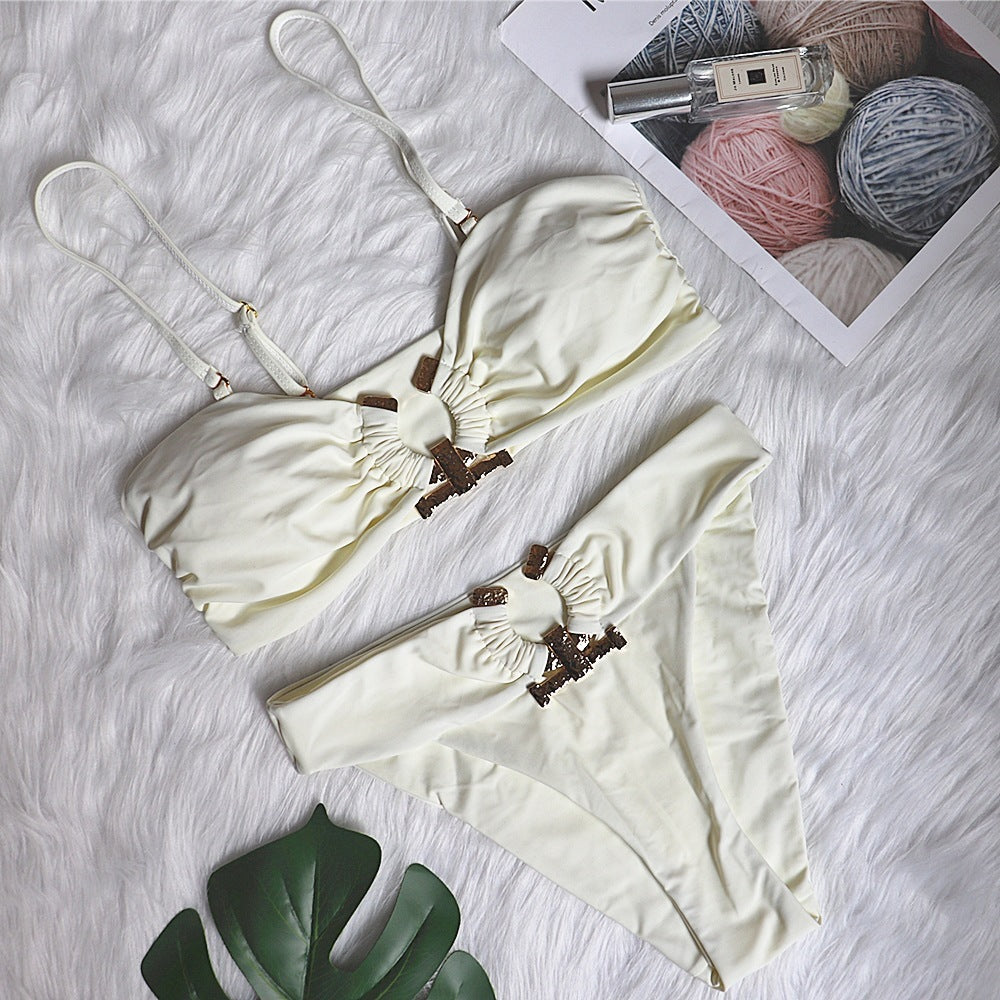 Solid Color Tube Top High Waist Swimsuit Metal Accessories Women'S Swimwear ShopWithASmile7.com