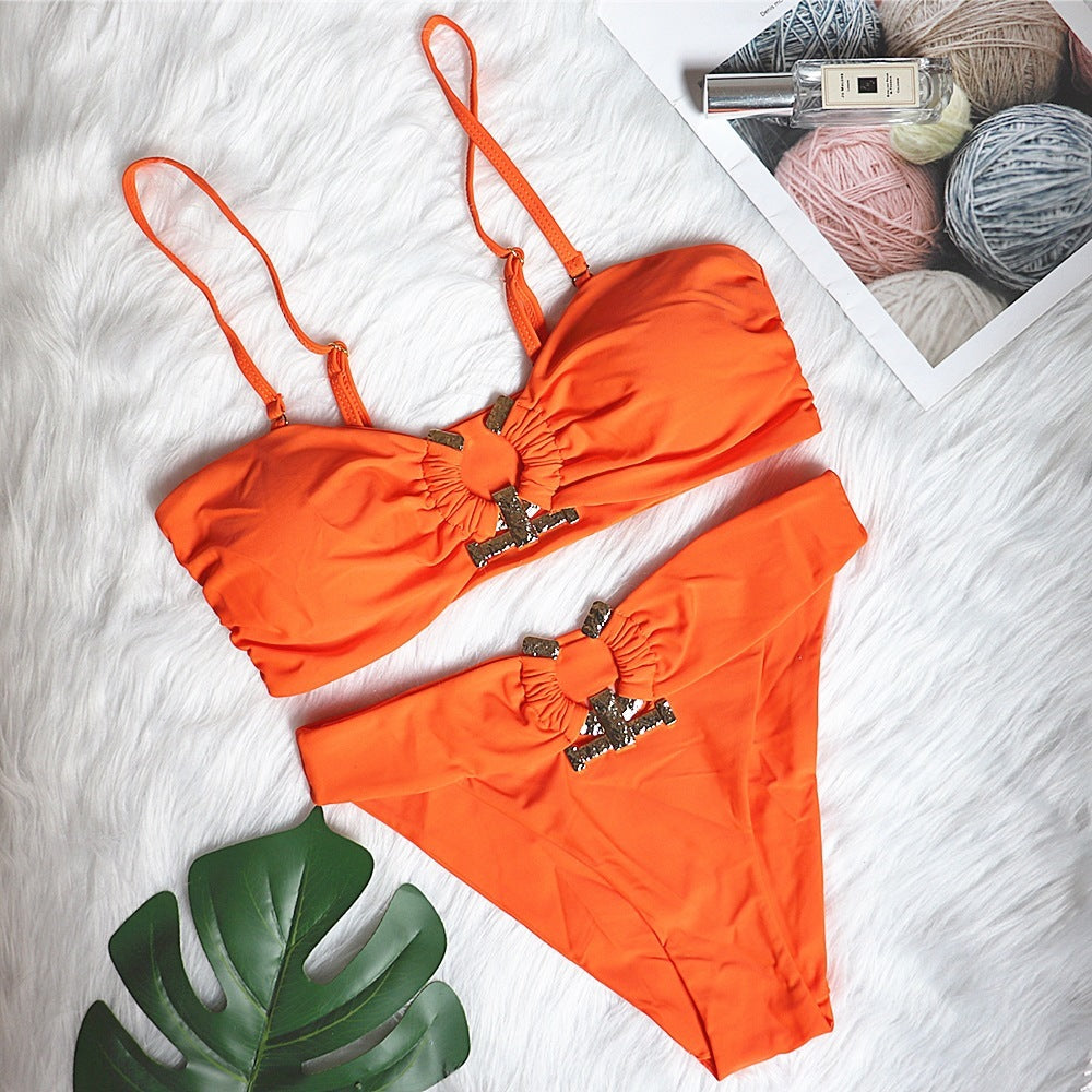 Solid Color Tube Top High Waist Swimsuit Metal Accessories Women'S Swimwear ShopWithASmile7.com